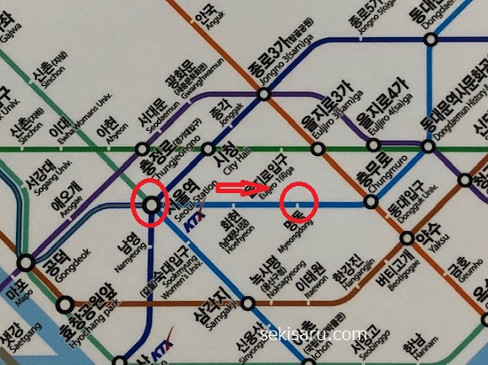 ソウル駅から明洞駅までの地下鉄路線図
