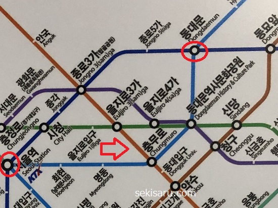 ソウル駅から東大門までの地下鉄路線図