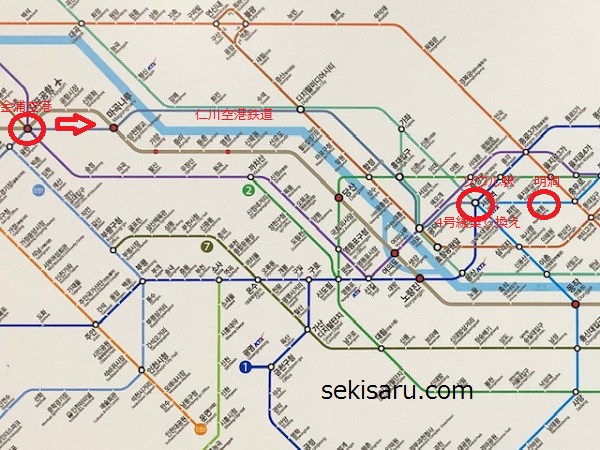 金浦空港から明洞までの電車路線図